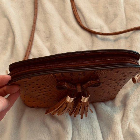 Ostrich Embossed Three Compartment Purse With Tassel and Bow - Picture 6 of 16